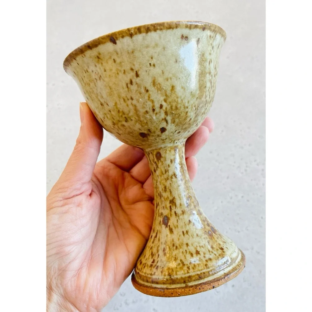 2 Vintage Speckled Oatmeal Tan Brown Stoneware Goblets Studio Pottery Cottage